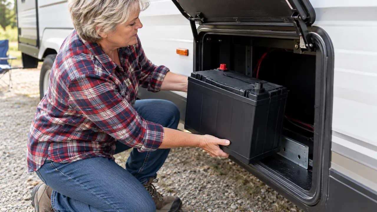 A camper lifting a battery into a trailer battery compartment