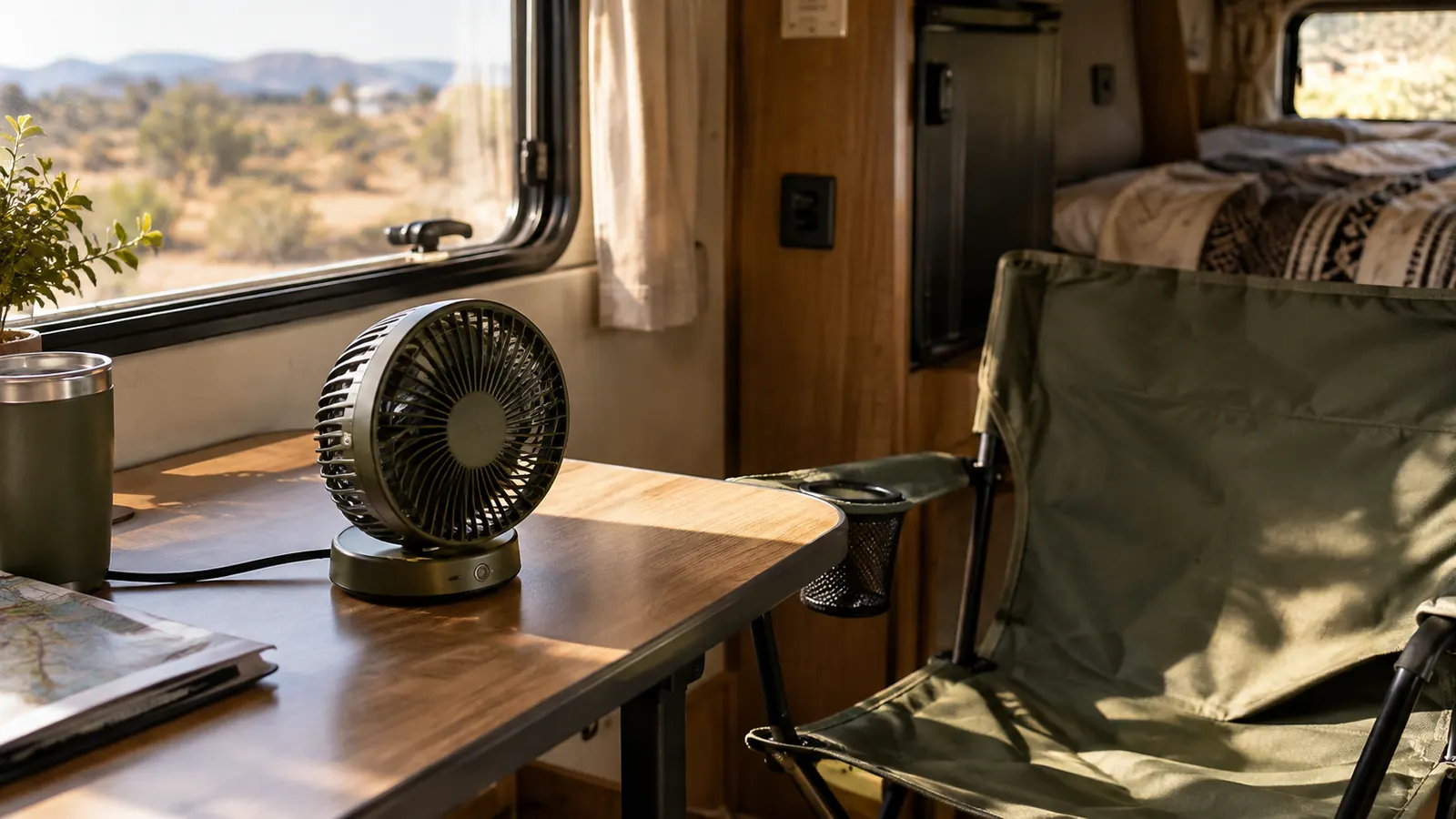 A small fan on a table inside a travel trailer on a warm afternoon