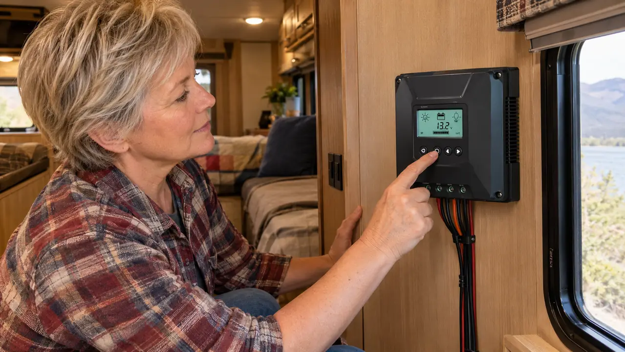 a camper's hand adjusting the LCD screen on a solar charge controller mounted inside the trailer