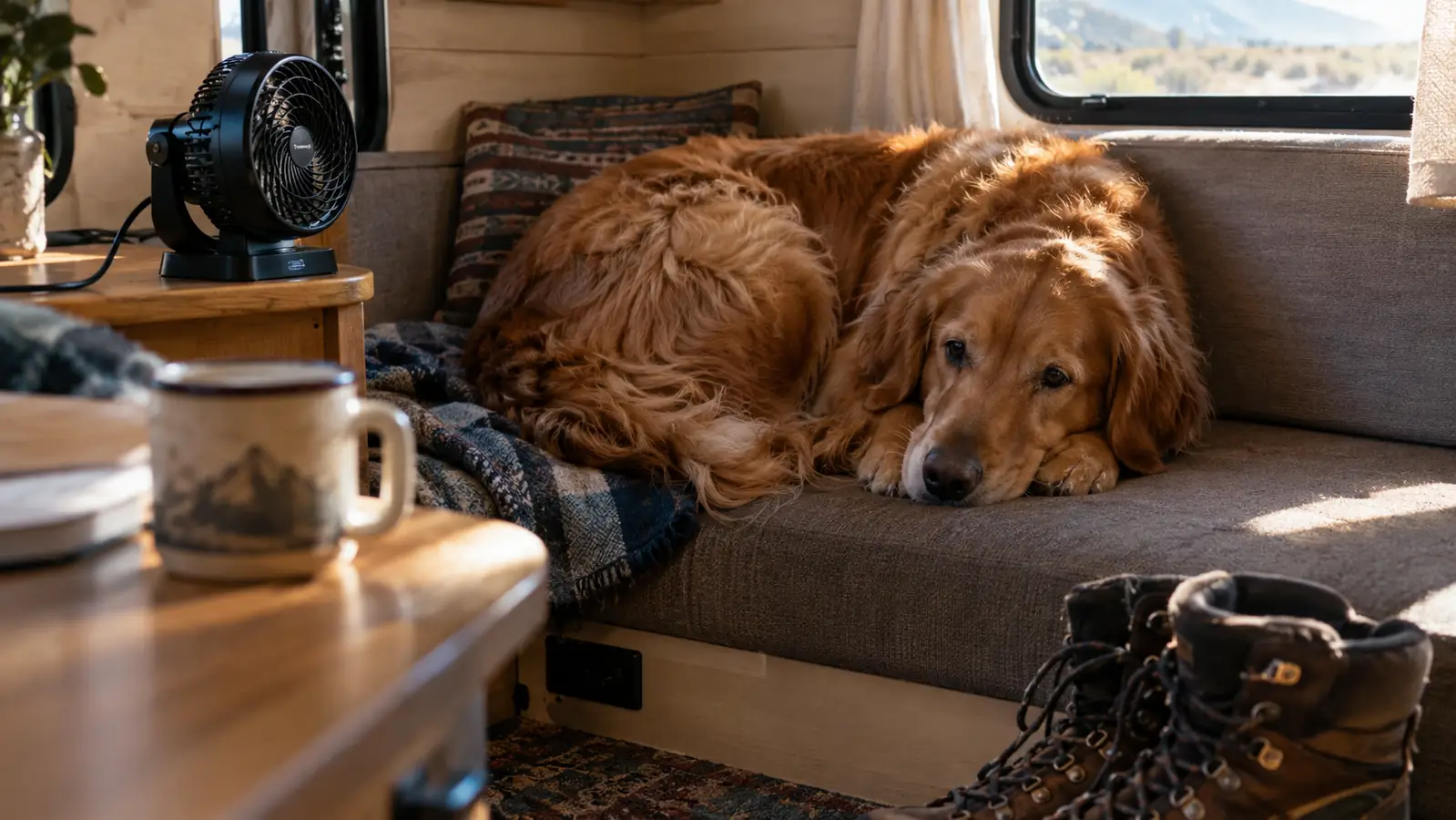 a dog curled up on a travel trailer bench seat beside a small fan on a warm afternoon