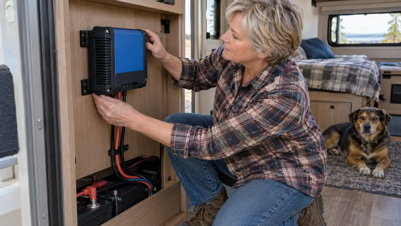 A camper installing a solar charge controller on a wall beside battery cables, with mounting brackets