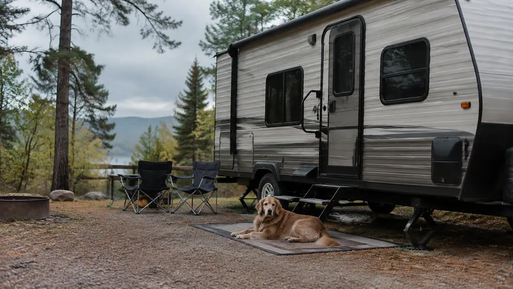 A large dog resting on a camp mat beside a travel trailer on a cloudy afternoon
