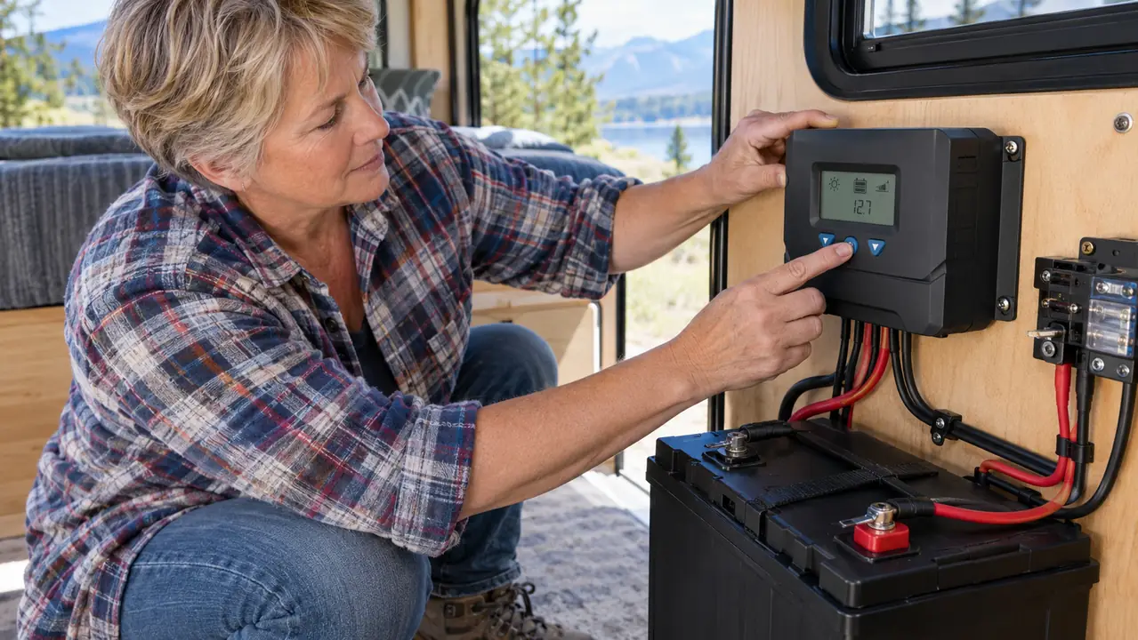 a hand adjusting the Renogy Rover 40A MPPT charge controller mounted beside a battery in a travel trailer