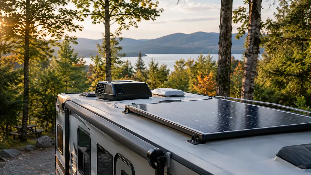 a solar panel on the roof of a travel trailer parked among trees at a campsite